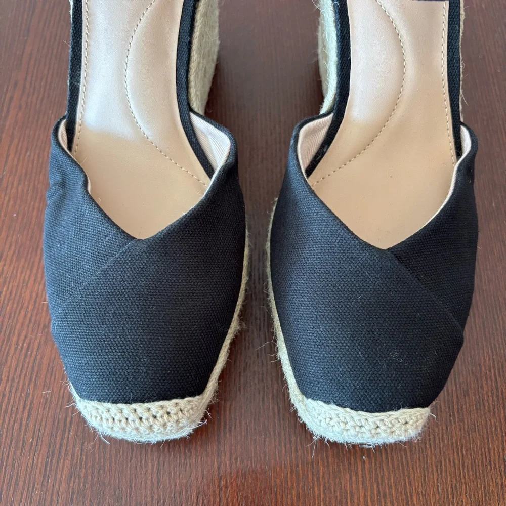 Time And Tru Women's Square Toe Black Espadrille Wedge Heels Size 8